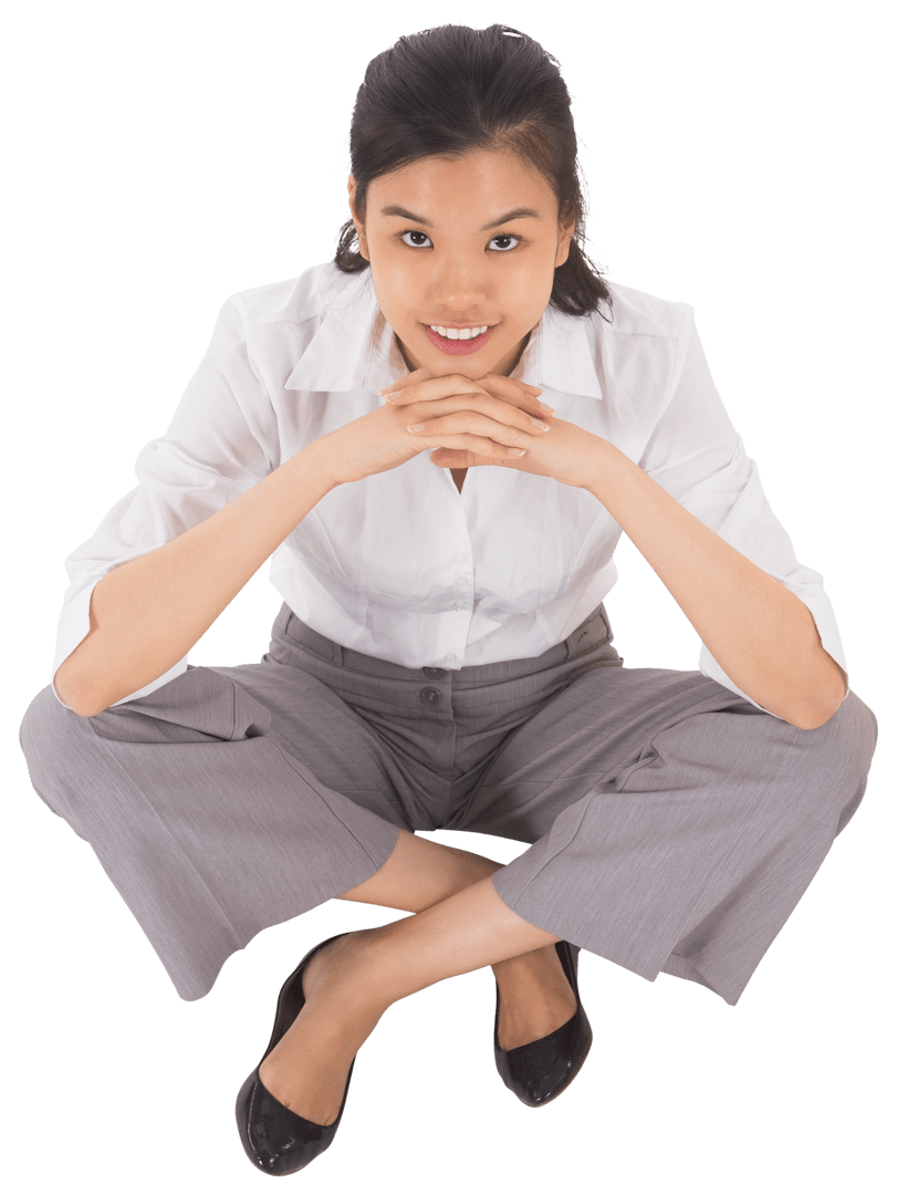 Asian Businesswoman Smiling Sitting Cross Legged on Transparent Background