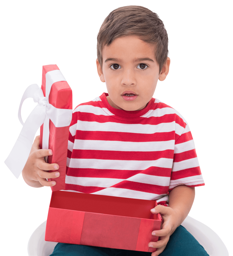 Cute Little Boy Opening Gift Box Isolated on Transparent Background