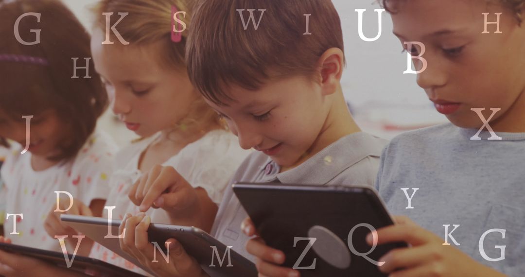 Diverse children engaged with tablets surrounded by alphabet letters