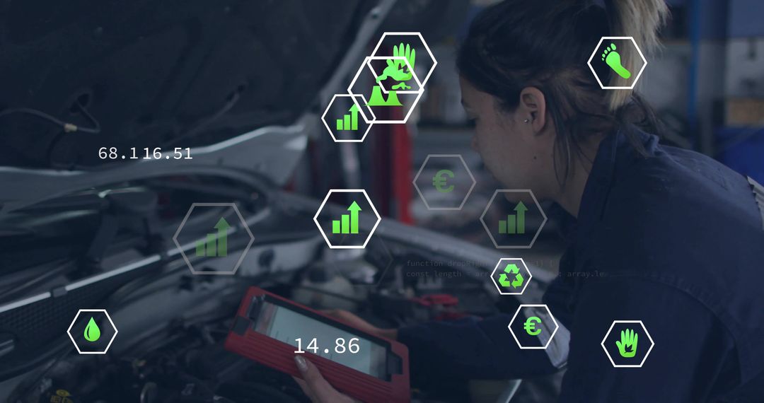 Female Technician Holding Diagnostic Tablet Inspecting Engine with Augmented Data HUD