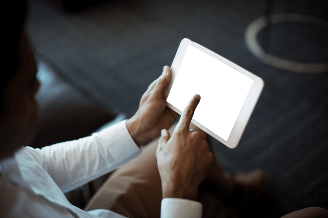 Businessman Seamlessly Navigating Tablet Work Device Transparent Screen