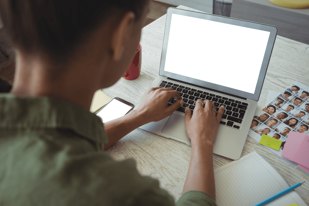 Transparent Laptop Screen Female Photo Editor Office Workspace