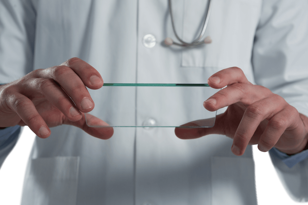 Doctor Holding Transparent Mobile Touchscreen Device