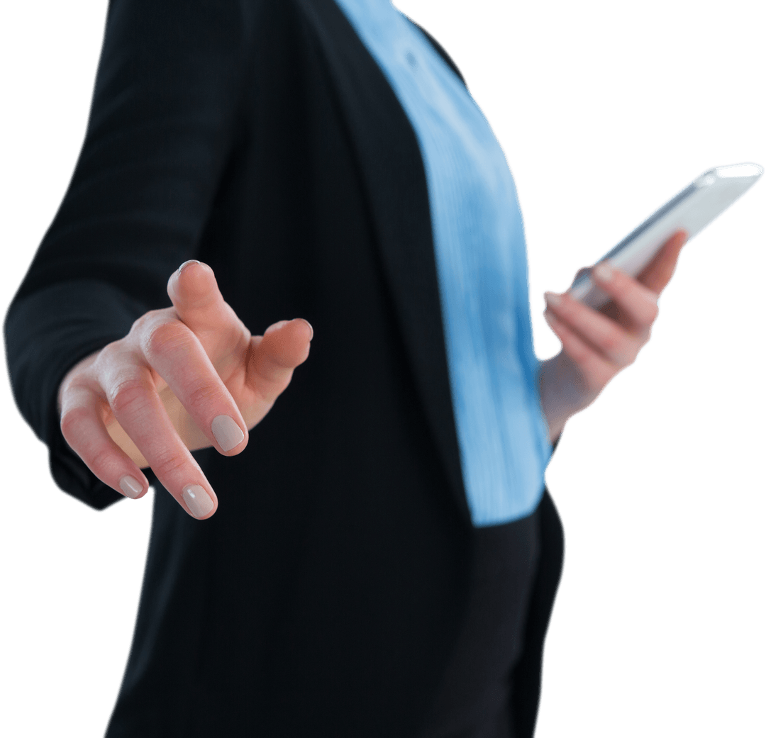 Transparent Businesswoman Using Futuristic Interface with Smartphone