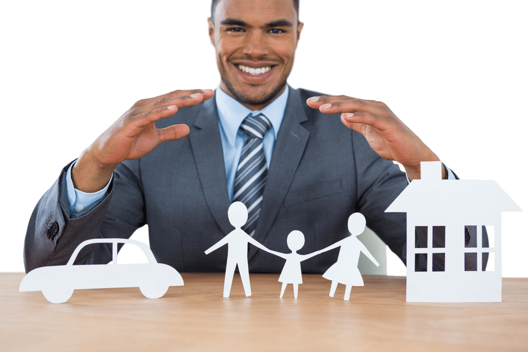 Businessman Protecting Family, Car, and House with Transparent Paper Figures