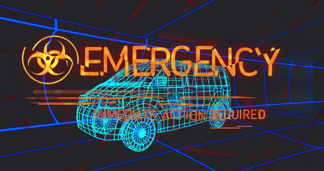 Futuristic Emergency Biohazard Alert Featuring Cyan Wireframe Van Hologram in Neon Tunnel