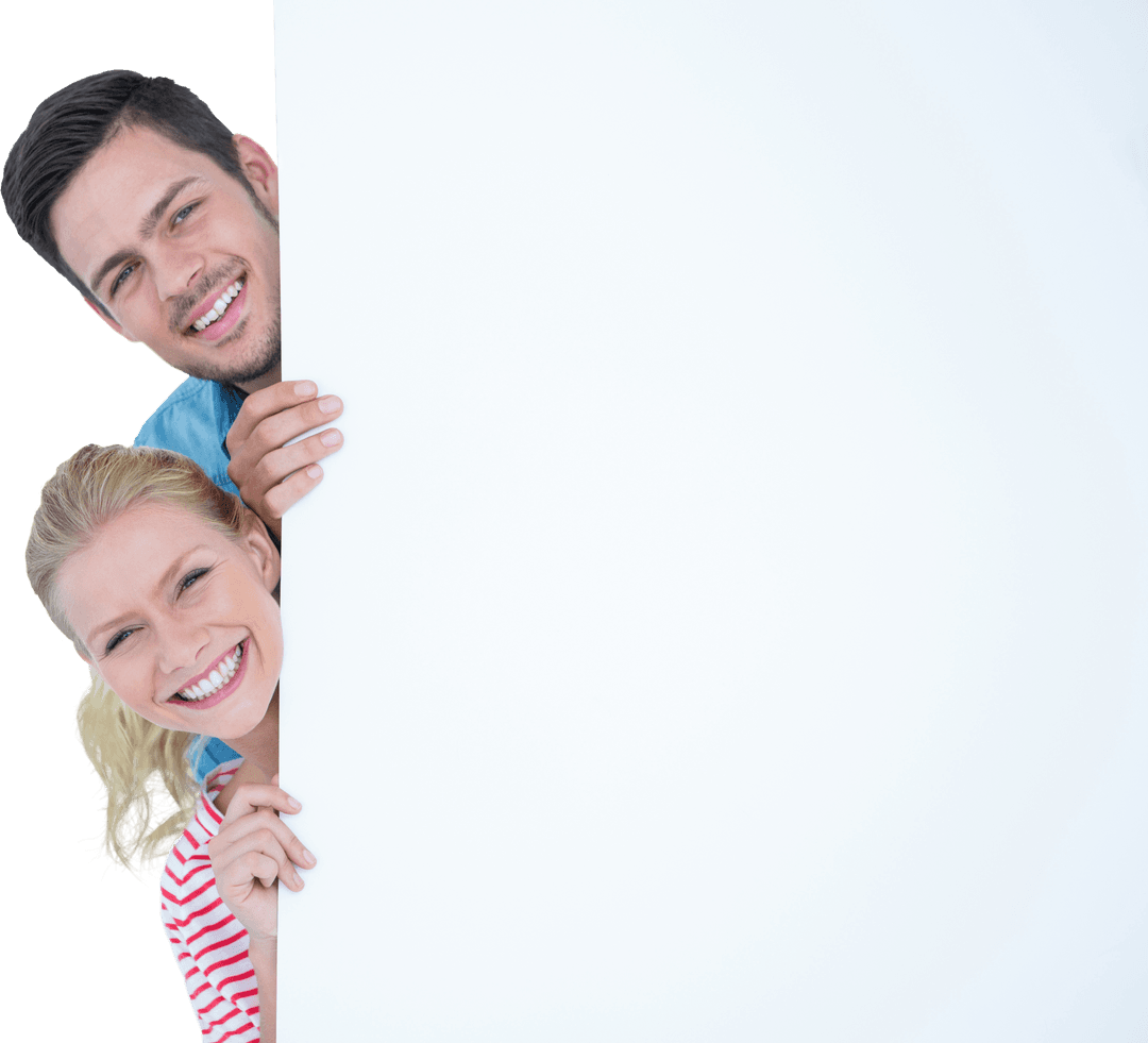 Smiling Young Couple Peeking Around White Board on Transparent Background