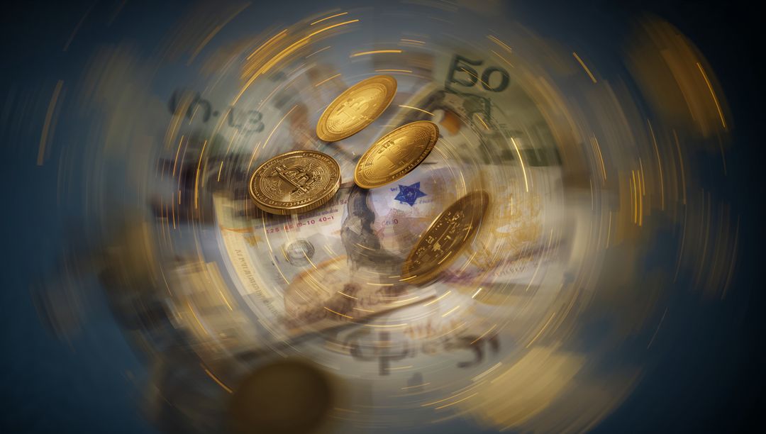 Spinning Bitcoin Coins Vortex Swirling Over 50 Currency Note With Blue Emblem