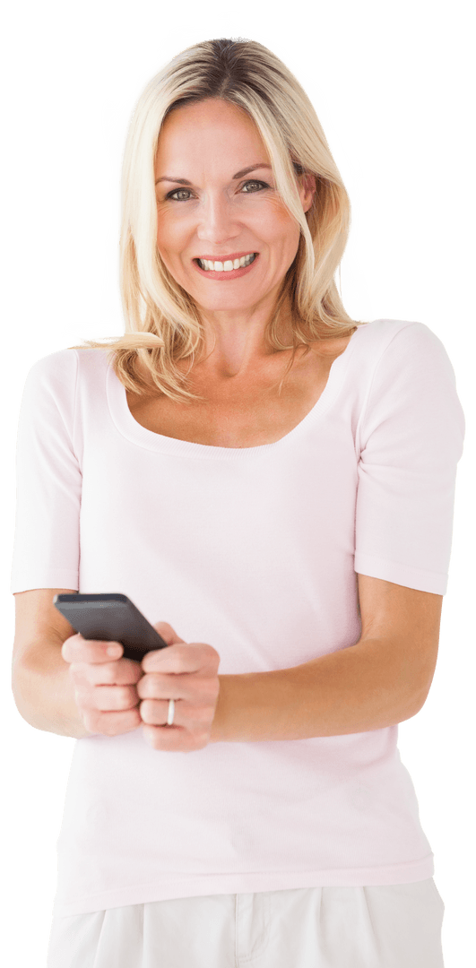Cheerful Woman Sending Text Message on Smartphone, Transparent Background