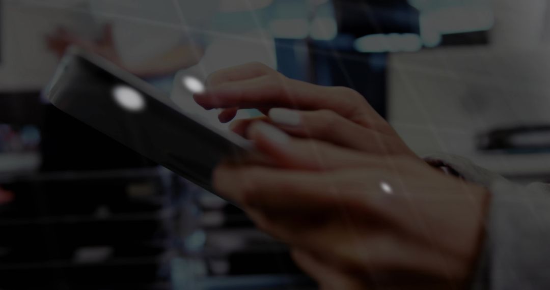 Woman tapping tablet in data center with digital network overlay for connectivity