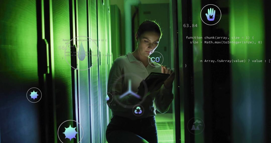 IT Technician Monitoring Servers with Overlay Tech Icons in Data Center