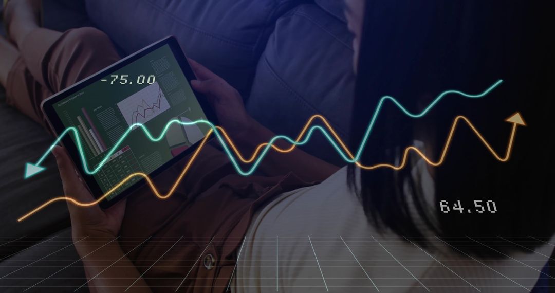 Woman Analyzing Digital Financial Chart on Tablet at Home
