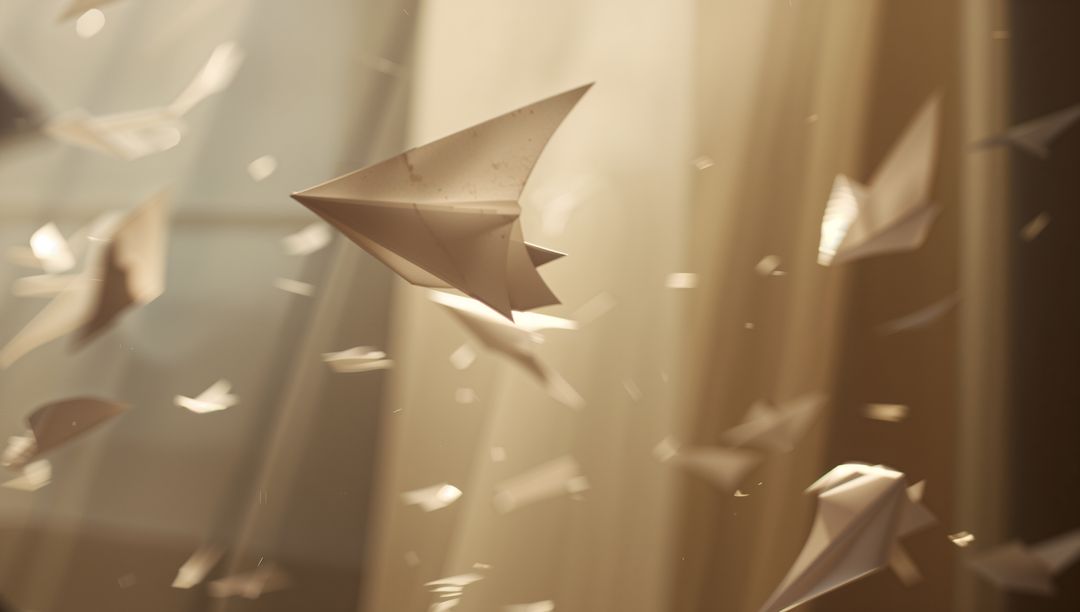 Gliding Paper Airplanes Catching Warm Sunbeams and Dust Motes in Dreamy Studio Soft Bokeh
