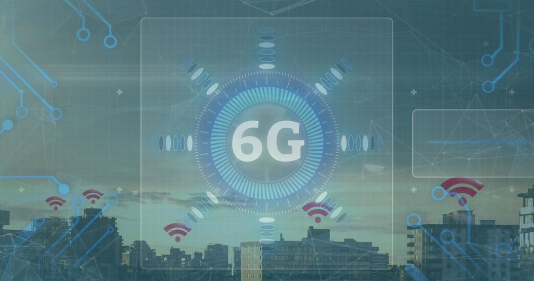 Futuristic 6G Technology Concept with Cityscape in Background