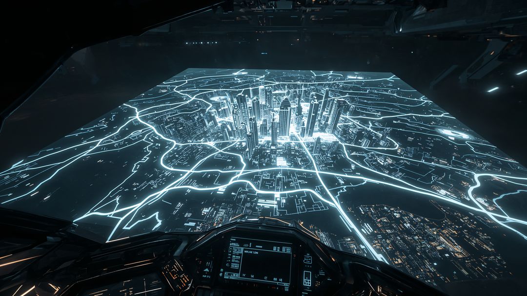 Holographic City Model Display in Futuristic Spaceship Cockpit