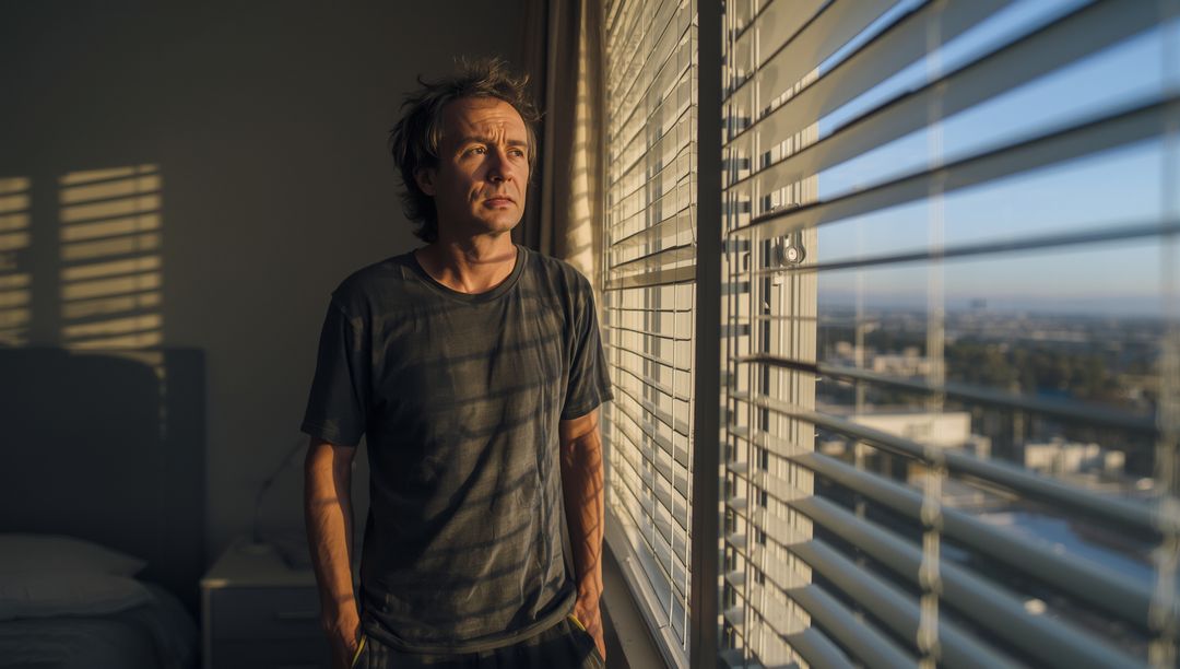 Thoughtful Man Staring Out of Window in Sunlit Room