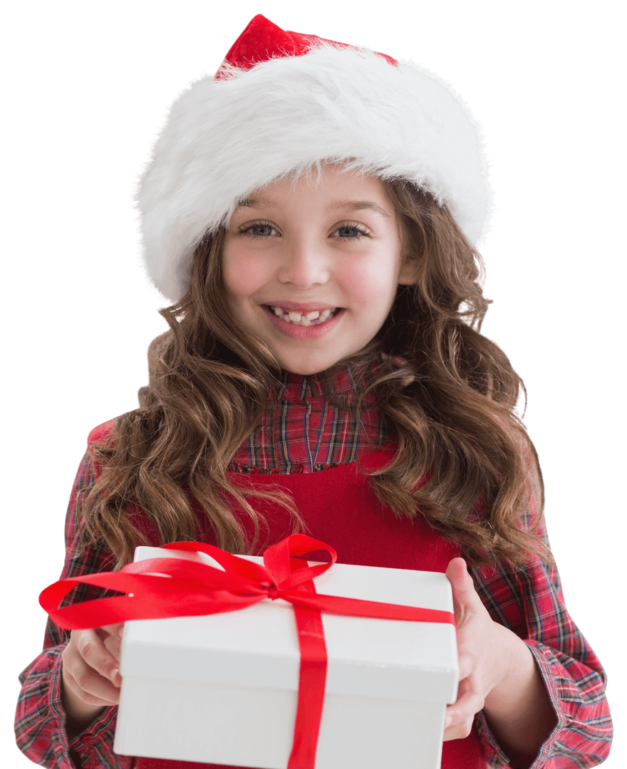Cheerful Child in Santa Hat Holding Gift on Transparent Background