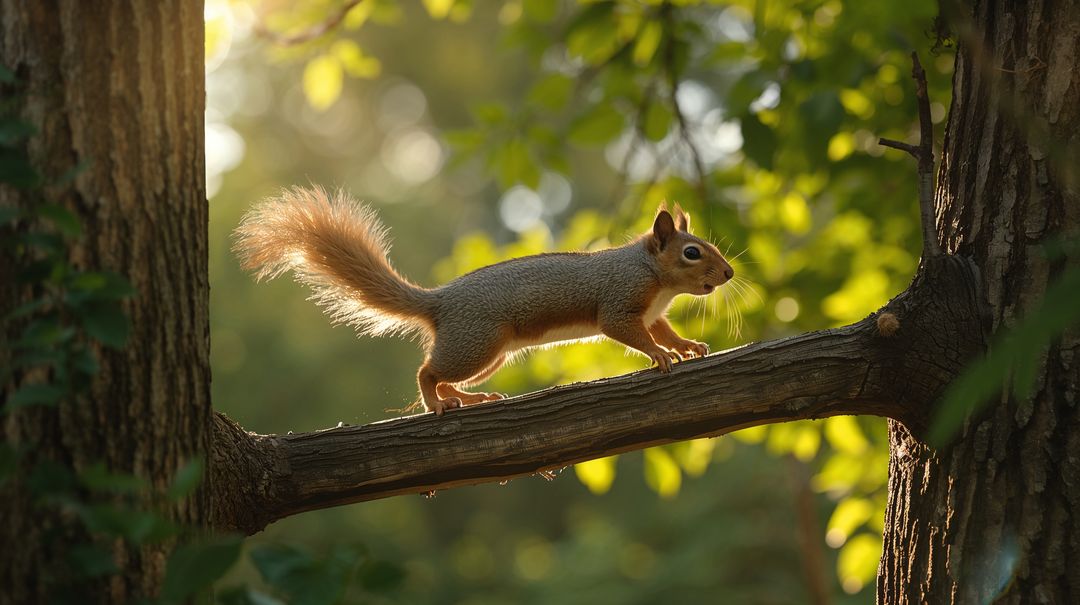Red squirrel crossing sunlit branch with glowing backlit tail in green woodland bokeh