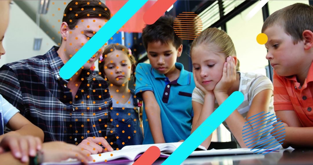 Diverse School Children Collaborating with Teacher at Learning Table