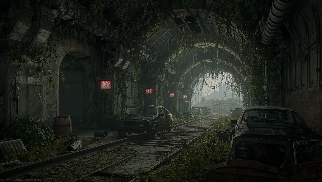 Overgrown Urban Tunnel with Abandoned Cars and Vines