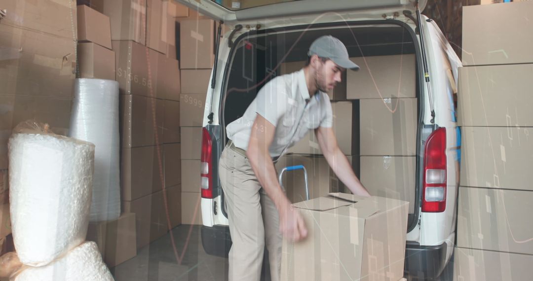 Delivery Man Loading Van with Financial Data Overlay