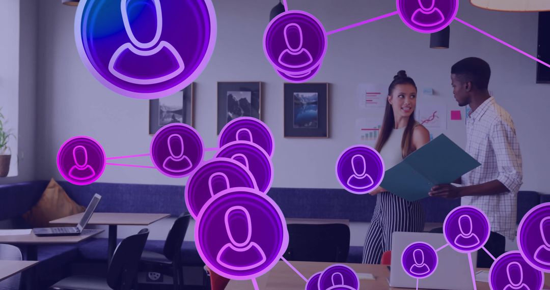 Digital Networking Interface with Diverse Professionals in Modern Office