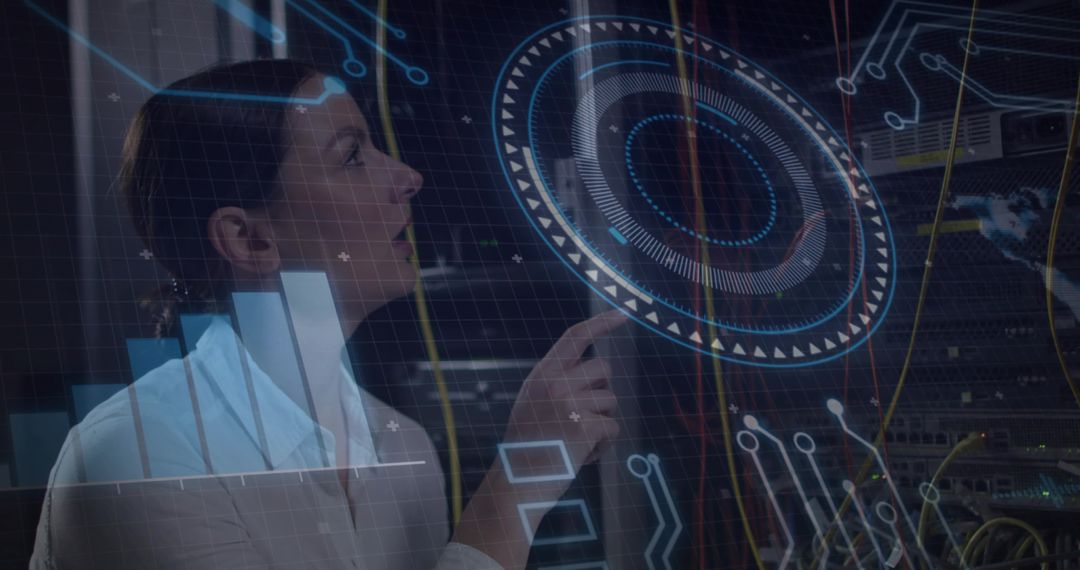 Technician Engaging with Futuristic Holographic Display in Server Room