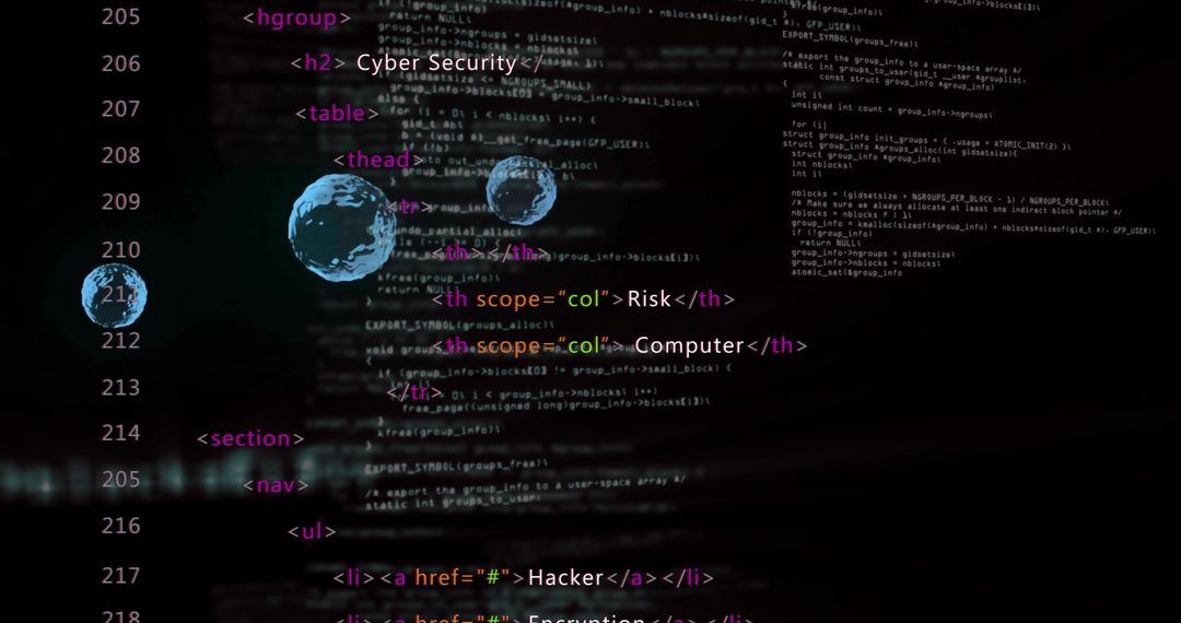 Cybersecurity code overlay showing neon HTML tags and floating blue network spheres