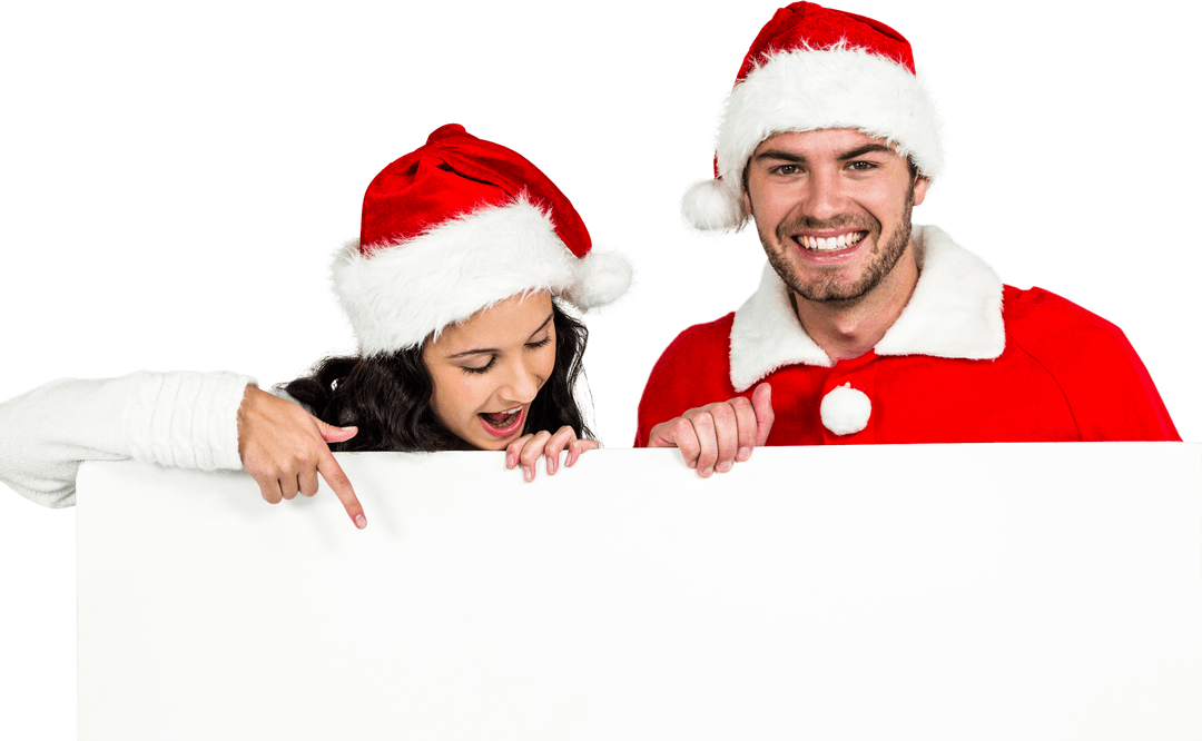 Smiling Couple in Christmas Hats Holding Transparent Placard