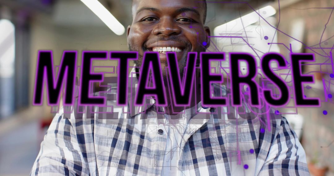 Smiling professional presenting metaverse with purple network overlay in coworking portrait