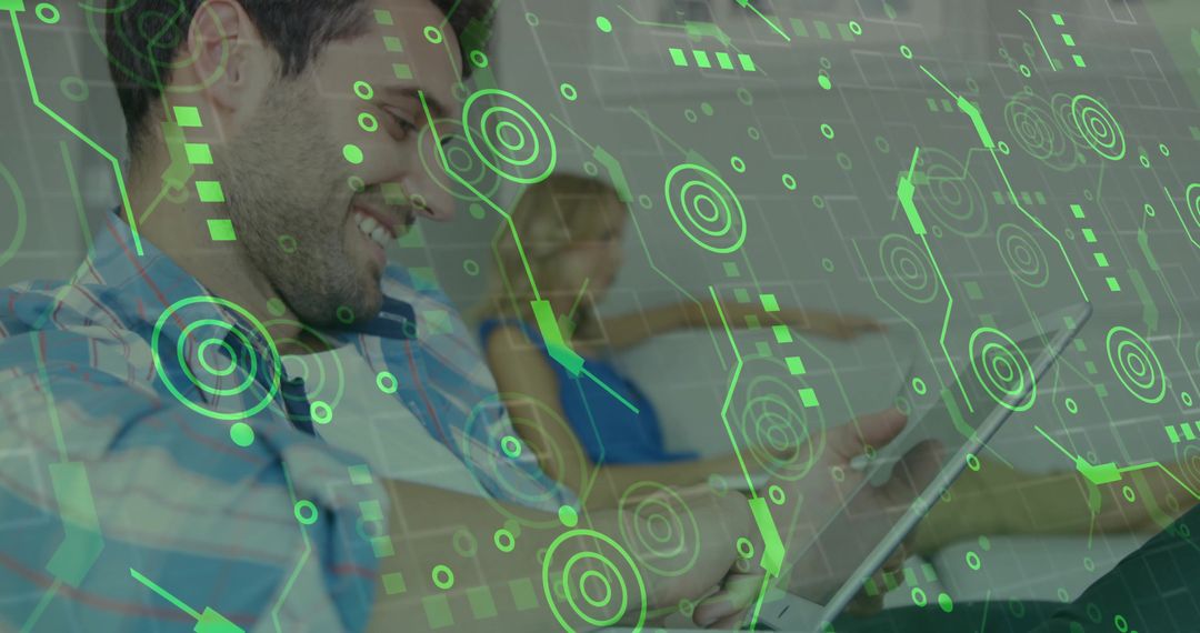 Smiling Man Engaging with Futuristic Digital Interface