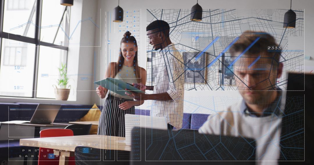 Creative Office Meeting with Abstract Data Overlay