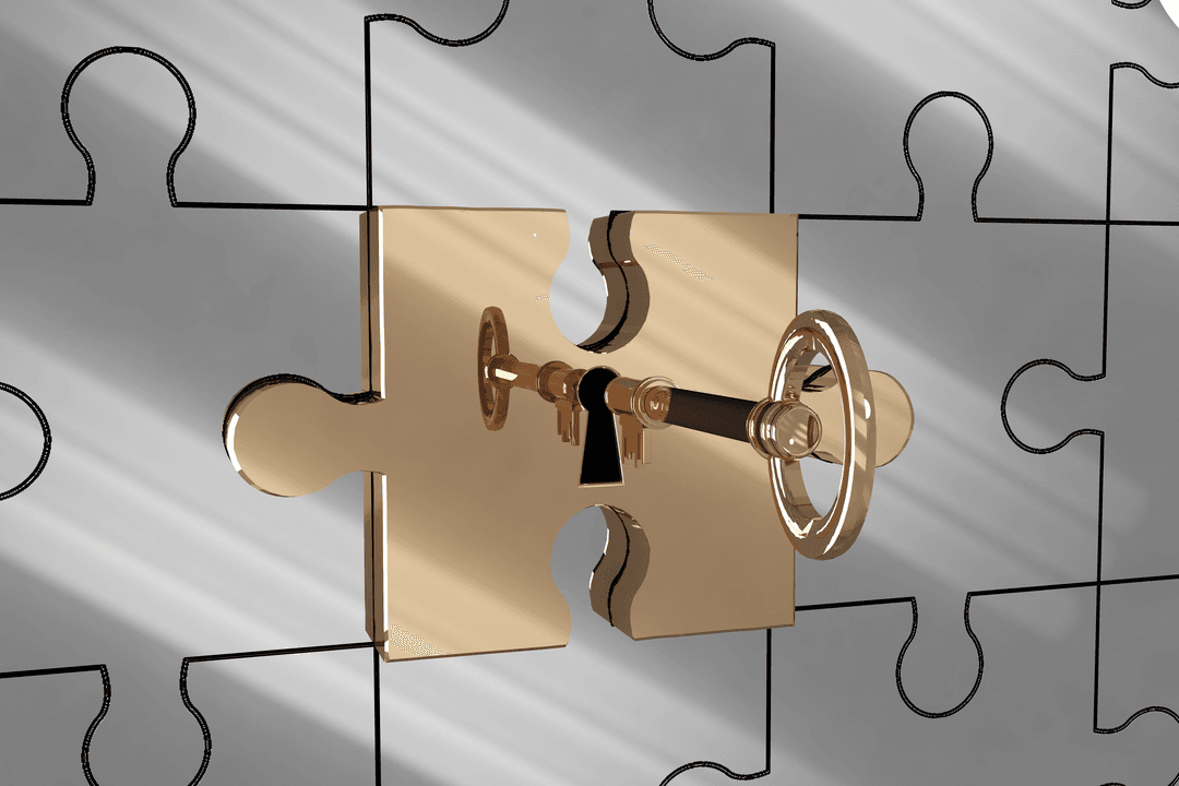 Gold puzzle key unlocks transparent vector design concept