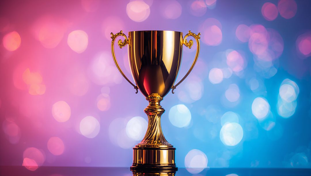 Shining Ornate Gold Trophy Reflecting Vibrant Bokeh on Glossy Tabletop for Celebration