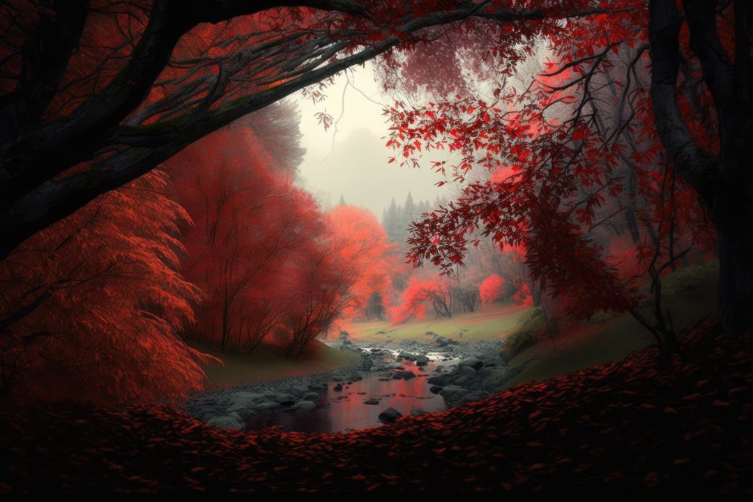 Serene Autumn Forest with Red Foliage by a Flowing Stream - Free Images, Stock Photos and Pictures on Pikwizard.com