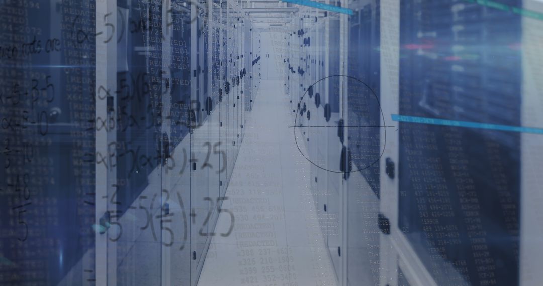 High-Tech Data Processing in Modern Server Room with Digital Overlay
