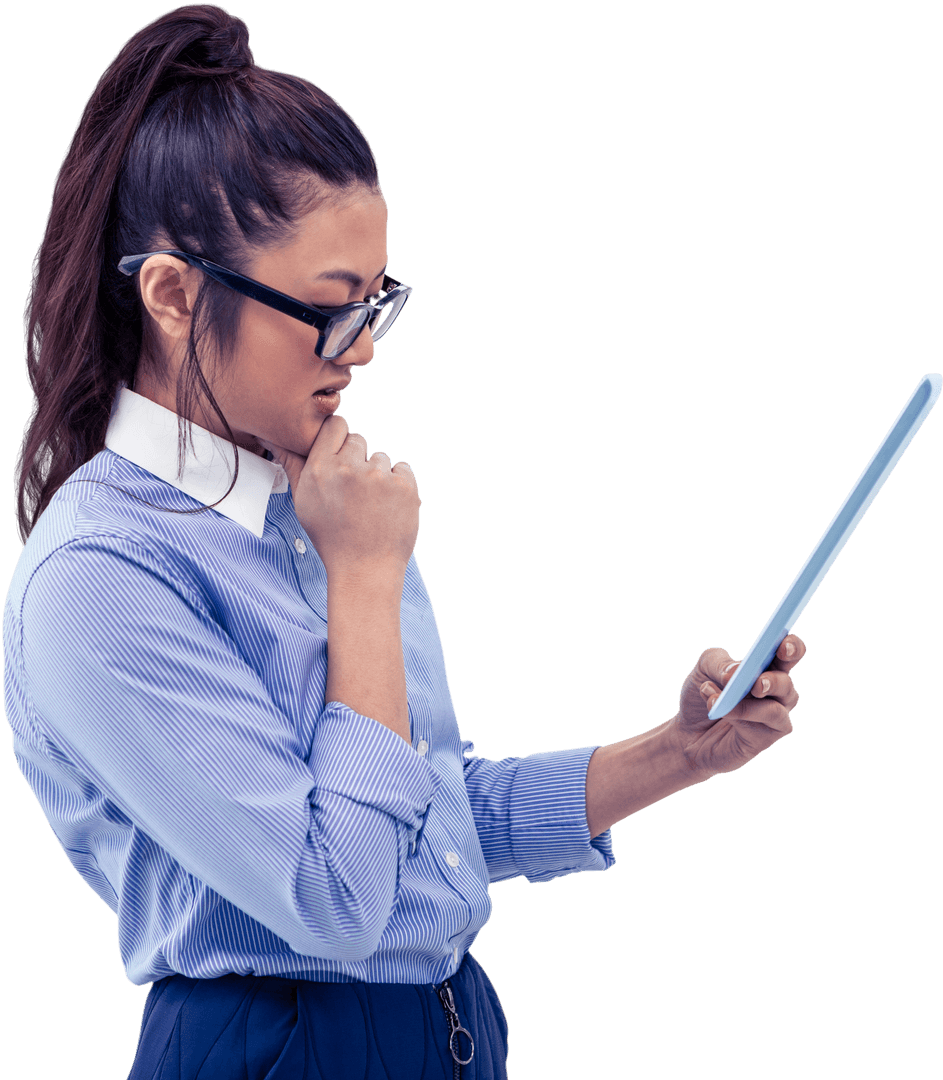 Businesswoman Examining Tablet with Transparent Background