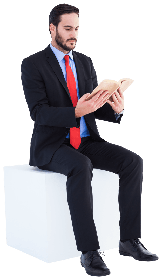 Transparent Seated Businessman Intensely Reading Book