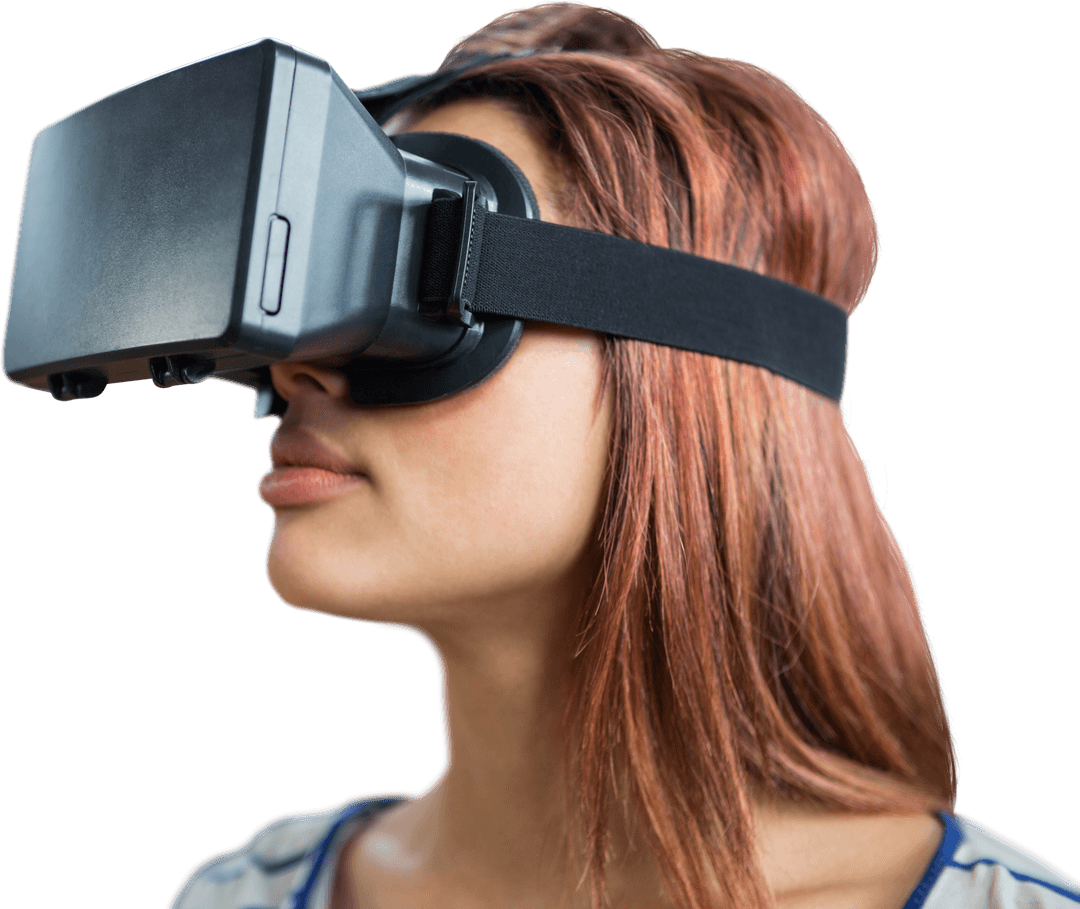 Woman Using Transparent Virtual Reality Simulator Headset Close Up