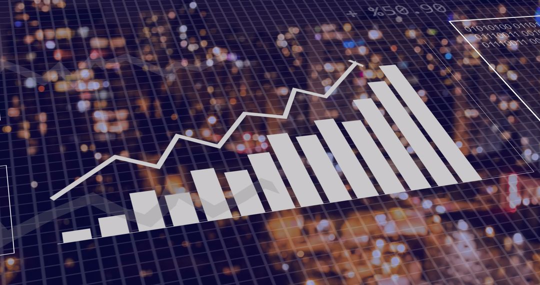 Financial Graph Overlay on Illuminated Night Cityscape
