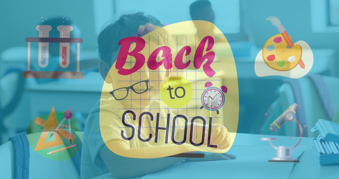 Colorful Back to School Banner Overlaid on Classroom Scene