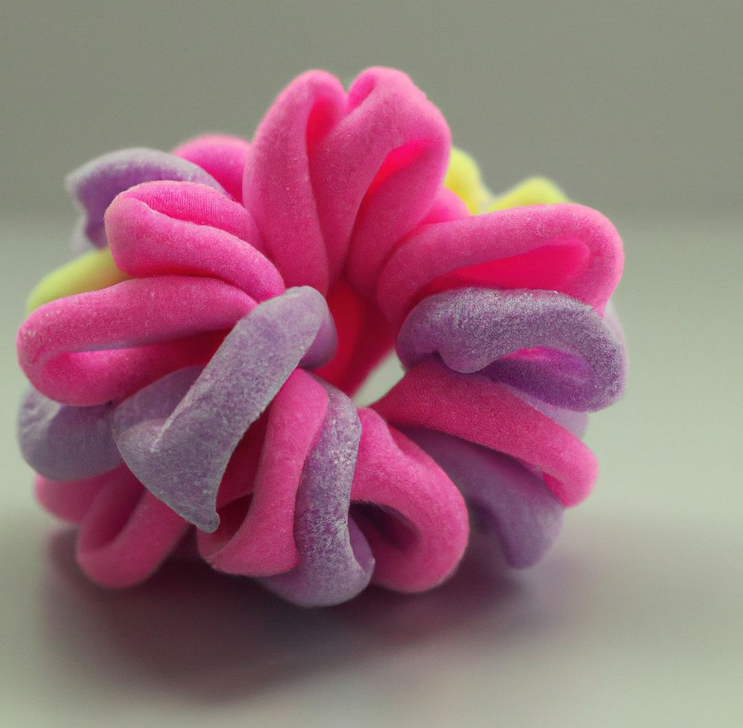 Image of close up of pink, purple and yellow coloured scrunchie on grey background - Free Images, Stock Photos and Pictures on Pikwizard.com