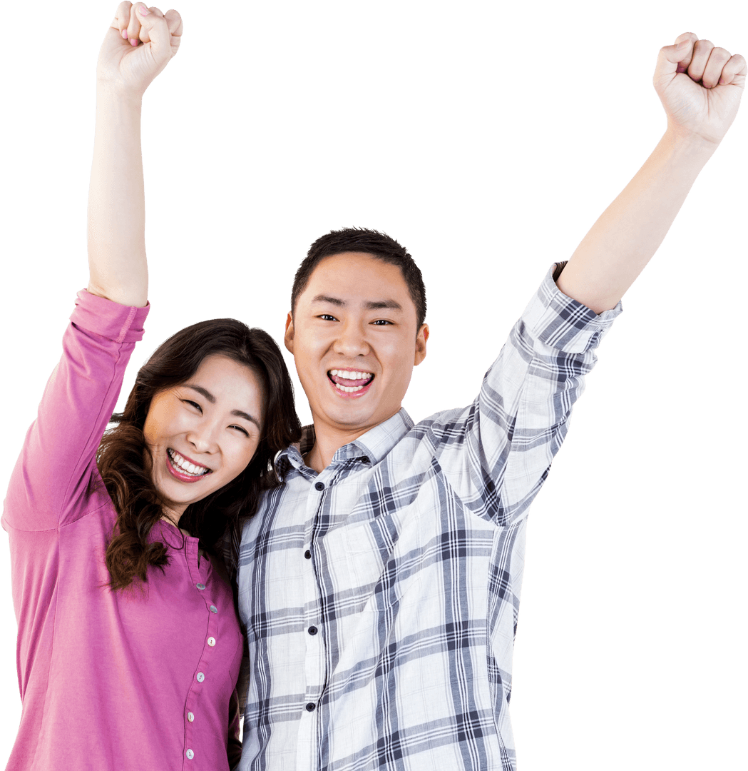 Excited Transparent Couple Celebrating Boldly with Raised Arms