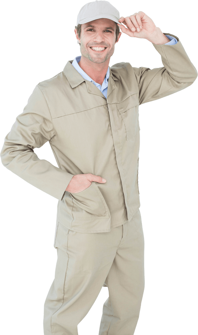 Smiling Delivery Man Adjusts Cap in Uniform on Transparent Background