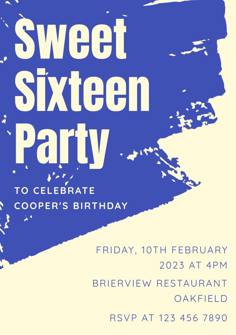 Sweet Sixteen Birthday Party Invitation with Blue Brush Splash - Download Free Stock Templates Pikwizard.com