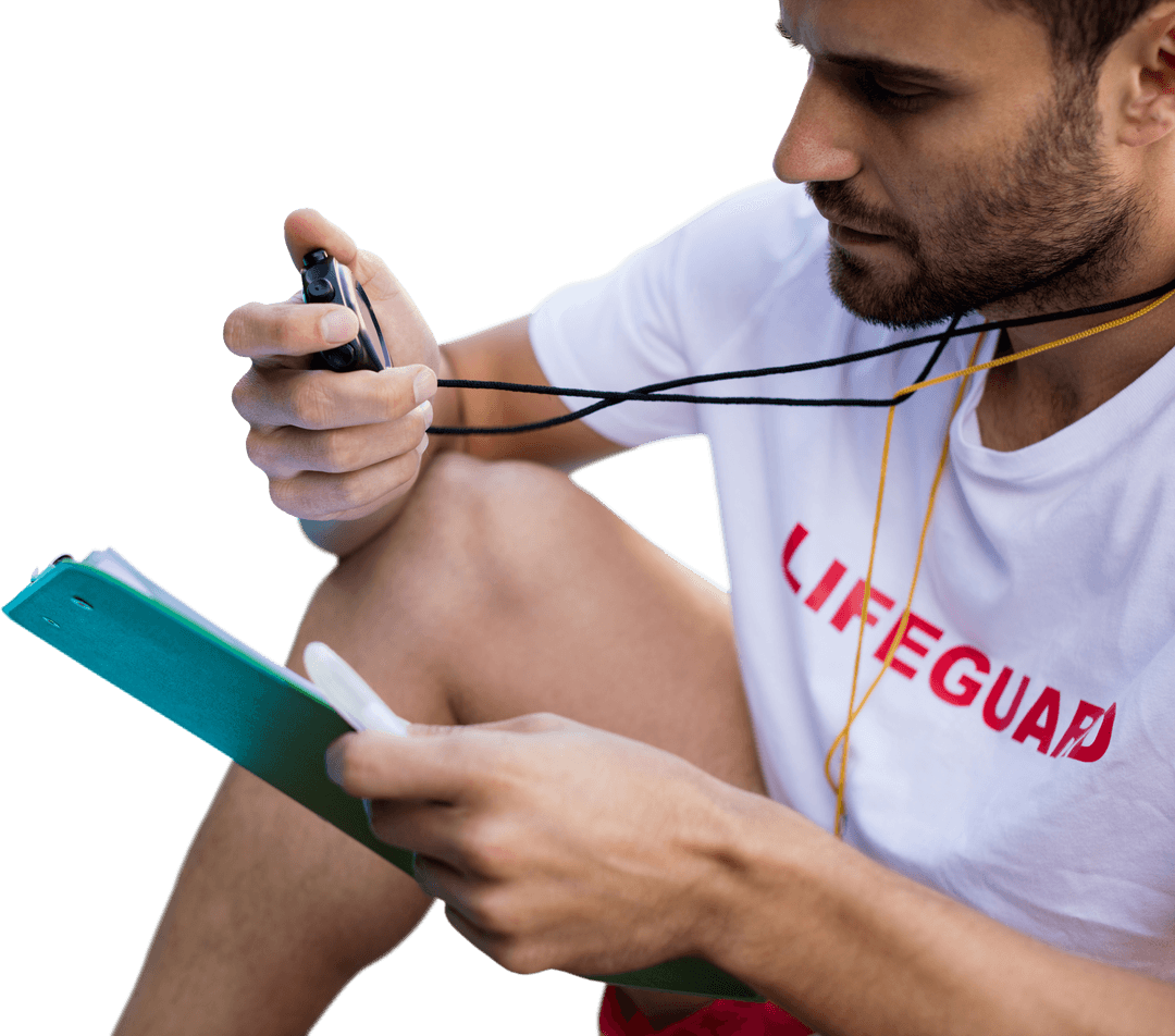 Transparent Close Up of Lifeguard Checking Stopwatch Timing