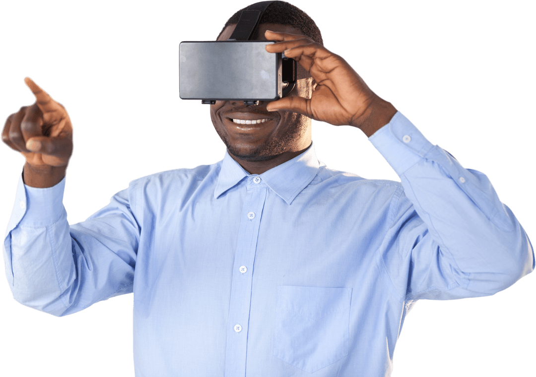 Smiling Man Interacting with Virtual Reality Technology on Transparent Background