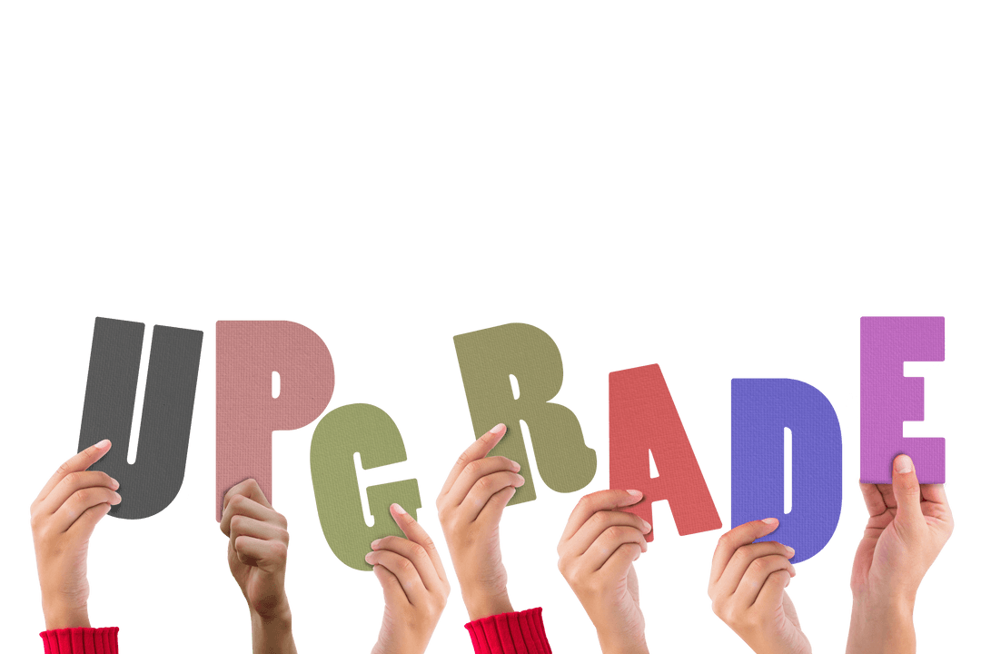 Hands Holding Text 'Upgrade' on Transparent Background