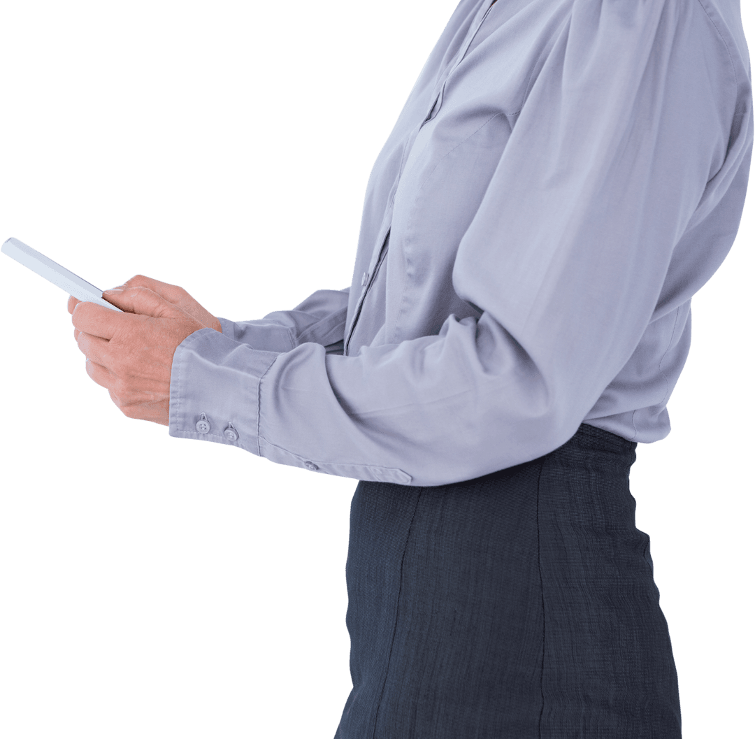 Businesswoman in Formal Attire Using Tablet on Transparent Background