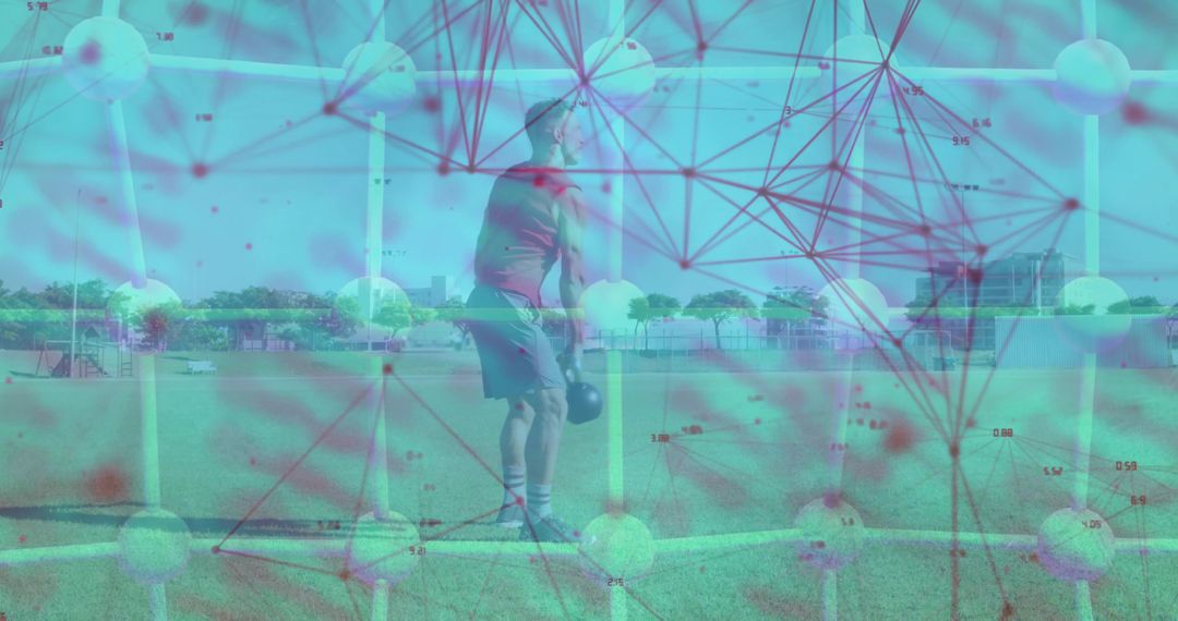 Man Performing Kettlebell Squat Outdoor Field Workout with Overlay Visualization